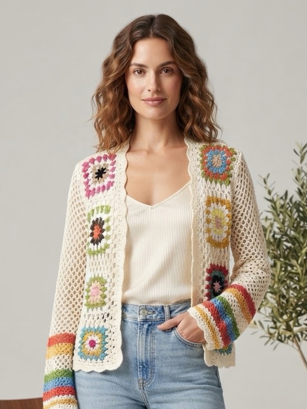 Boho Granny Square Open Knit Cardigan Cream Multicolor Rainbow Sleeves Sz M